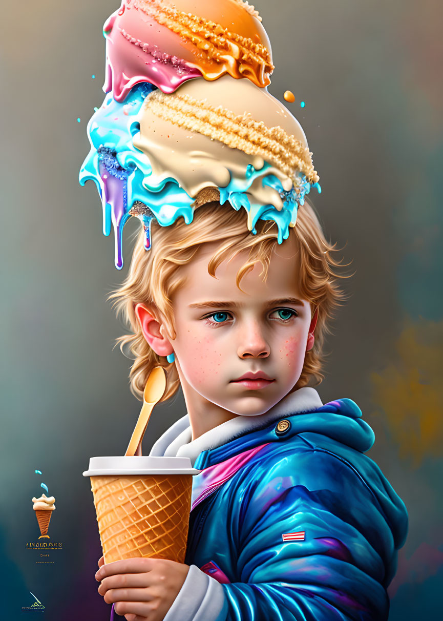 Blond child in blue jacket with giant melting ice cream cone