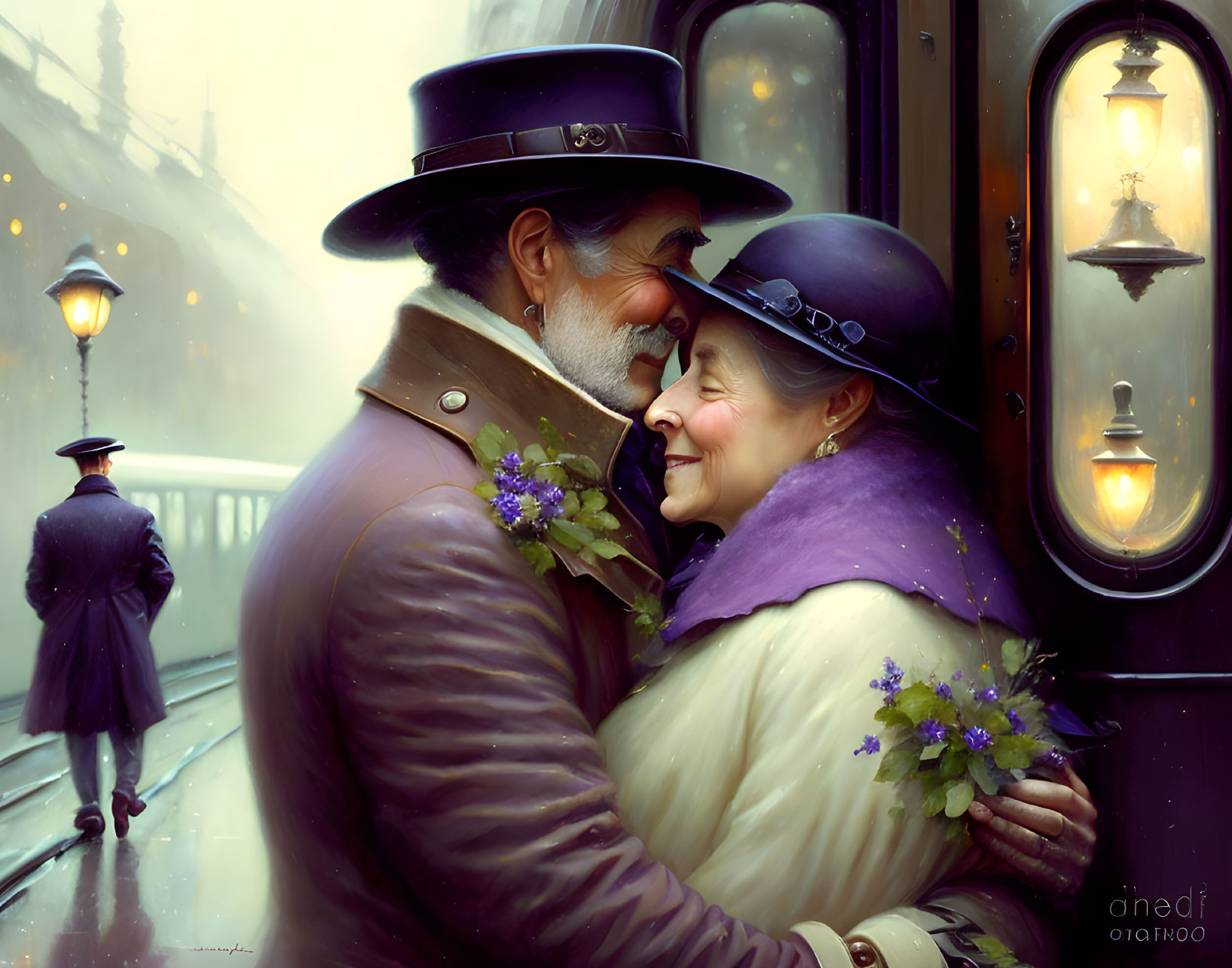 Elderly couple in vintage attire nose rub under street lamps on foggy evening