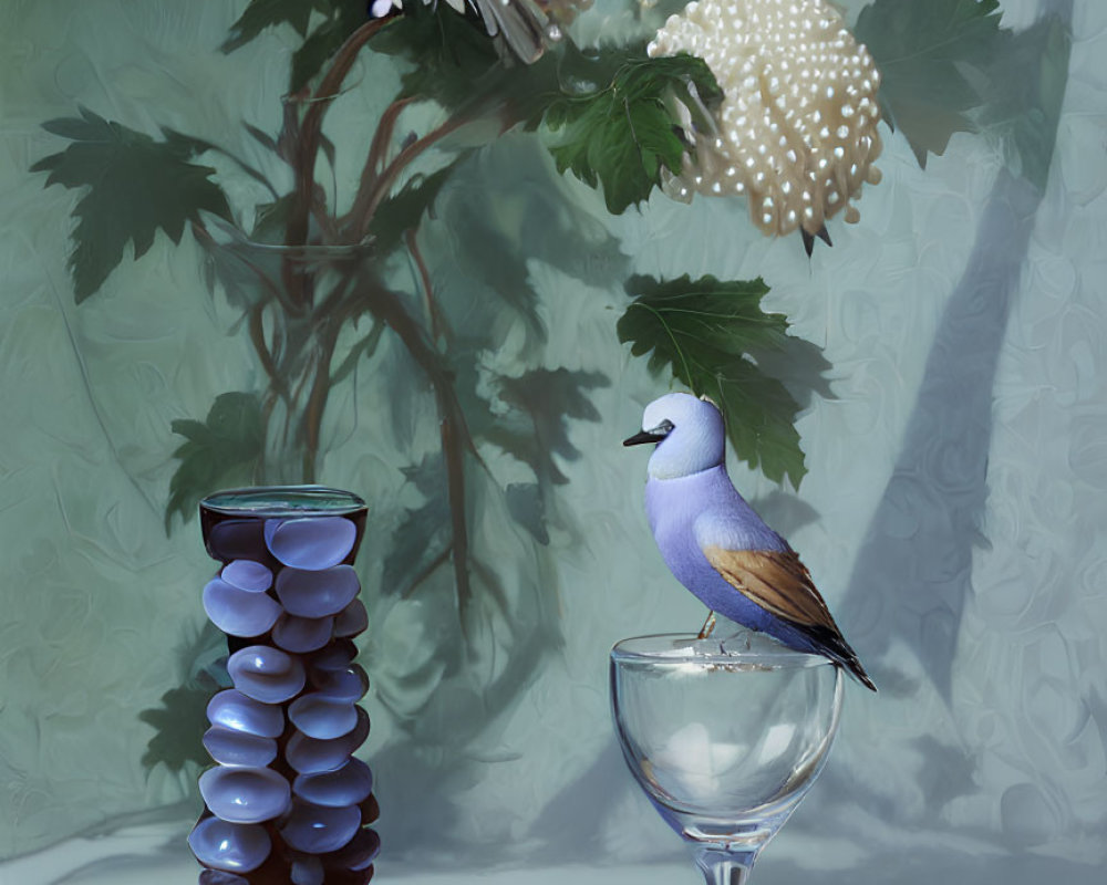 Bird perched on wine glass with grapes, shells, and flowers on patterned backdrop