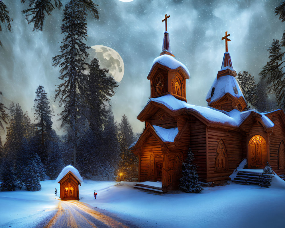 Snowy forest night scene with two wooden churches, moonlit interiors, and a figure approaching one.