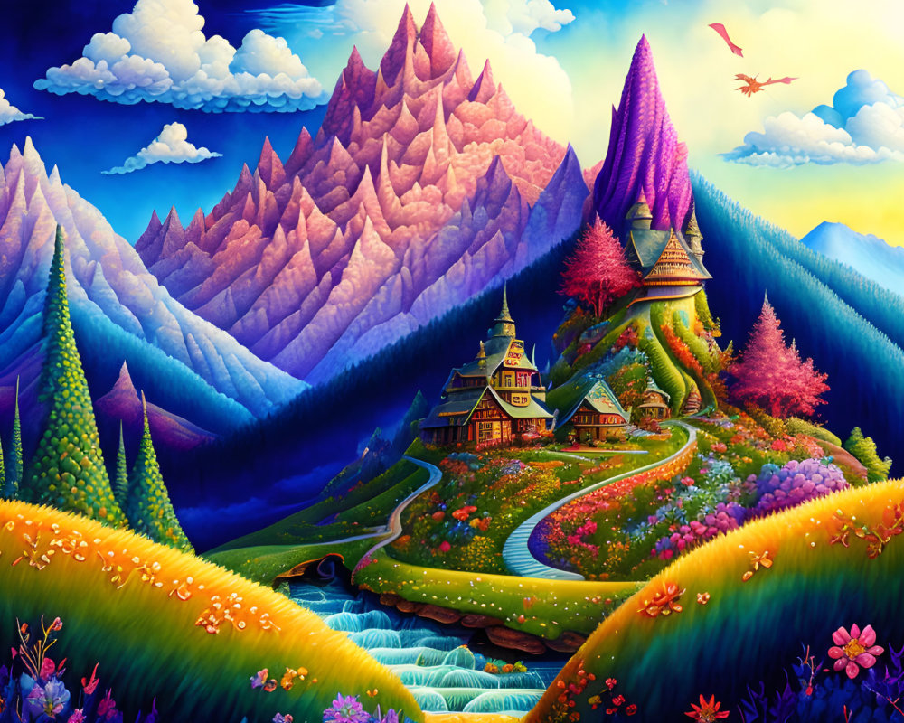 Colorful mountains, flowing river, house, gardens, and dragon in fantasy landscape