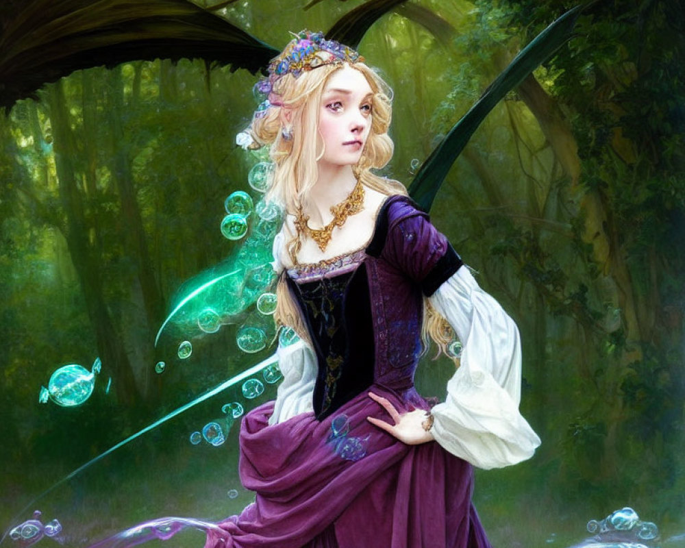 Fantasy artwork: Woman in medieval dress with jewels, dark wings, bubbles in lush green forest