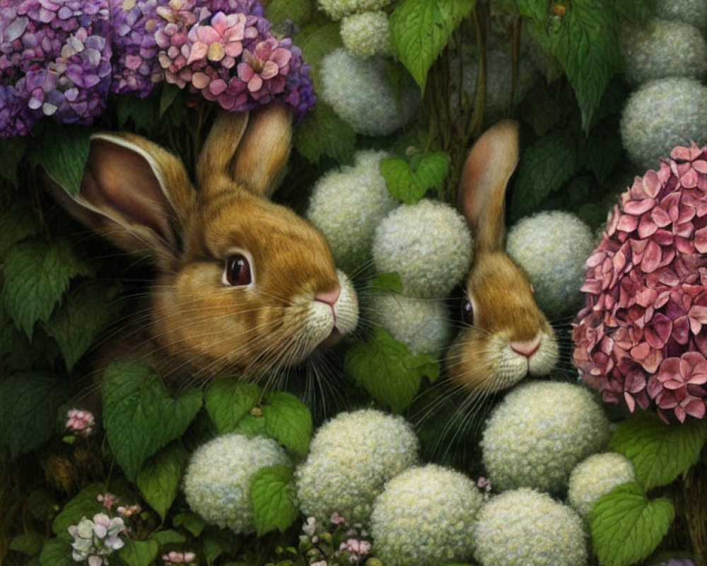 Two rabbits among colorful hydrangeas and snowball flowers in a serene garden.