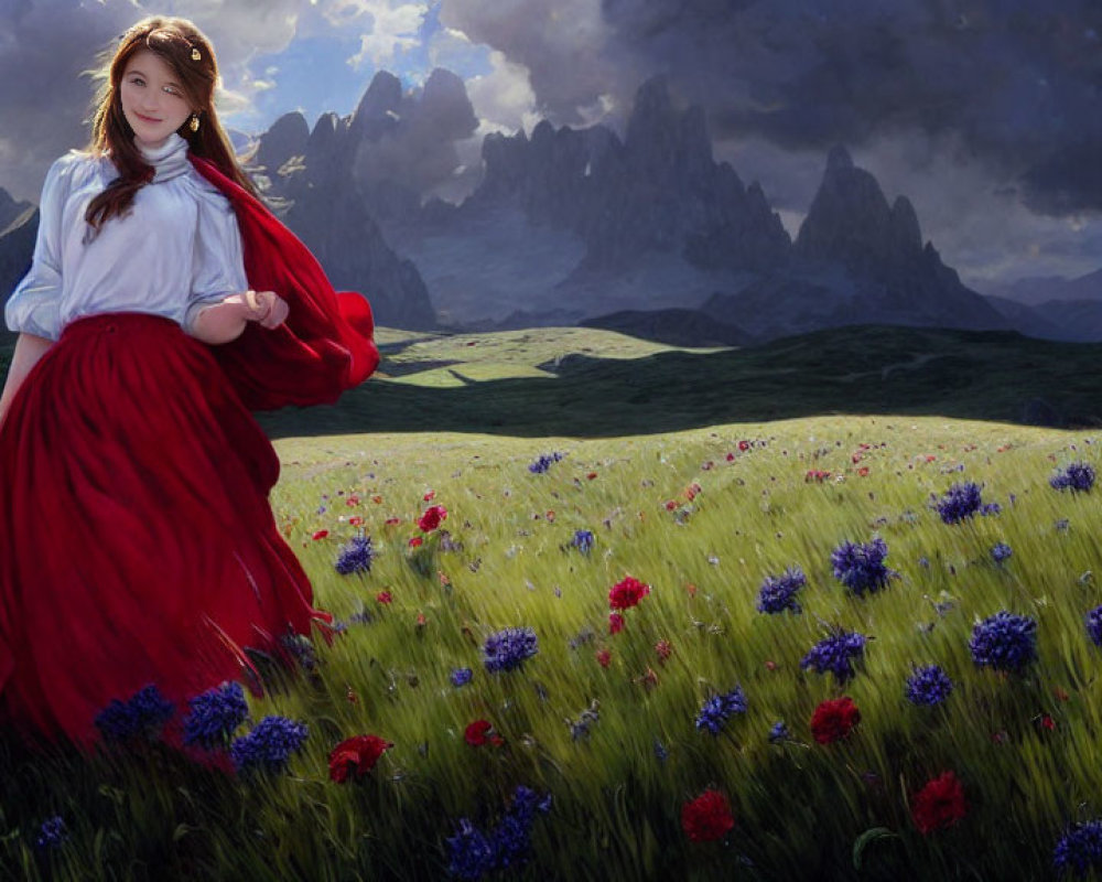 Woman in white blouse and red skirt in colorful meadow with mountains and dramatic sky