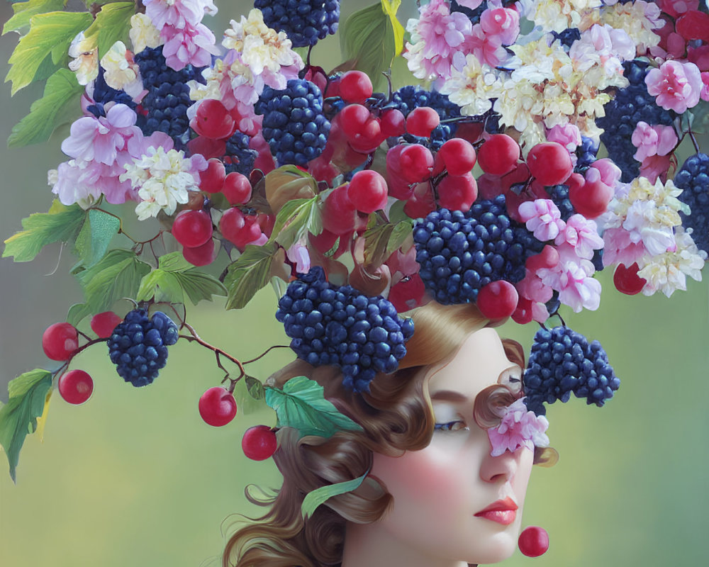 Surreal portrait of woman with grapes, berries, and blossoming branches in hair