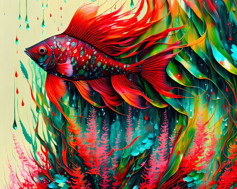 Colorful Betta Fish Swimming Among Aquatic Plants with Paint Effects