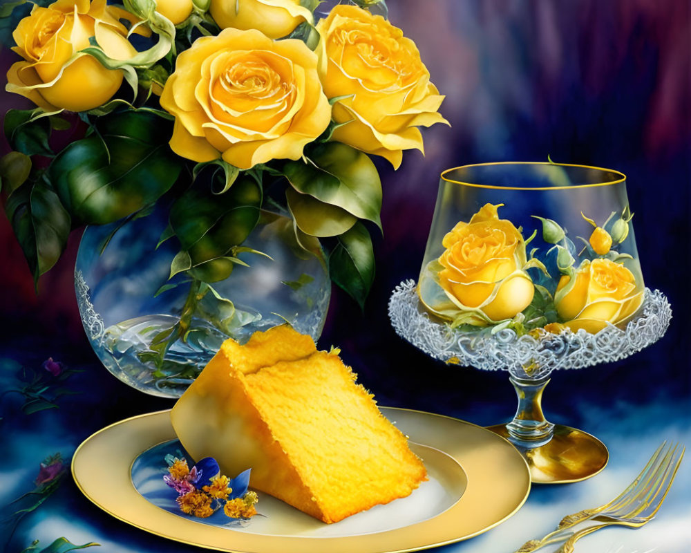 Yellow Roses, Cake Slice, and Rose Glass in Moody Blue Floral Setting