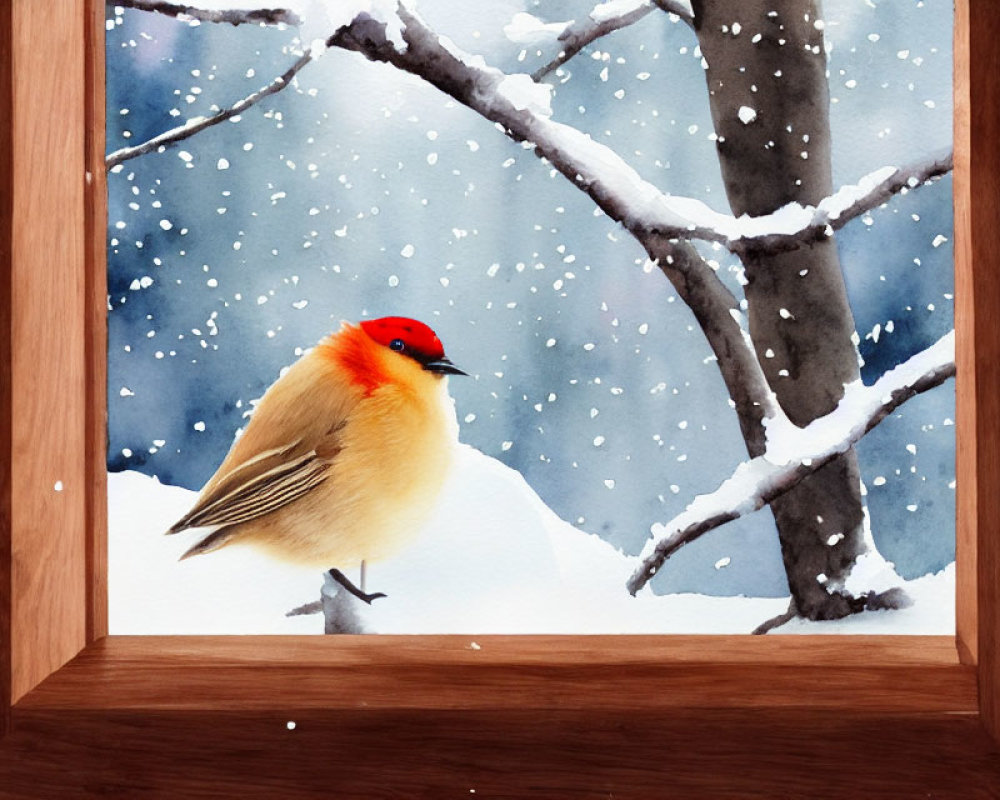 Red-headed bird painting on snowy branch in wooden frame, wintry backdrop