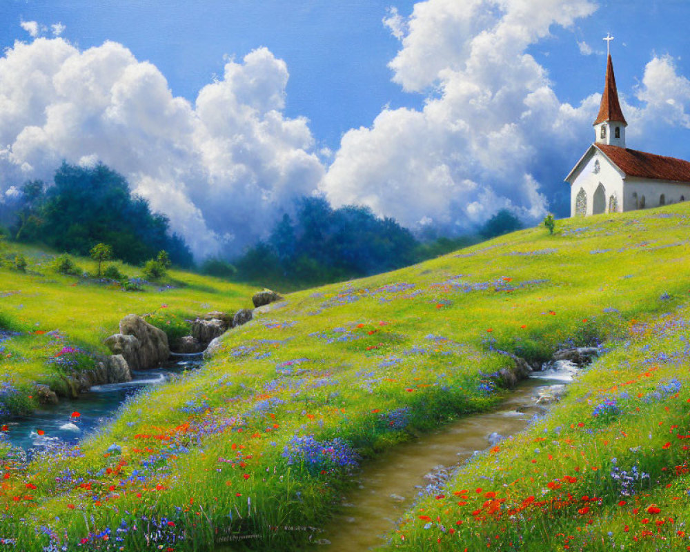 Scenic landscape with small church, stream, and wildflowers