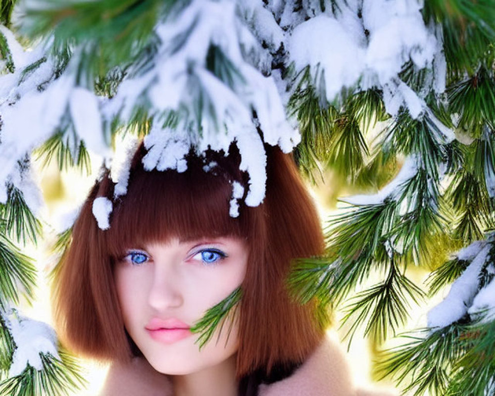 Person with Blue Eyes and Brown Hair in Snowy Pine Forest Scene