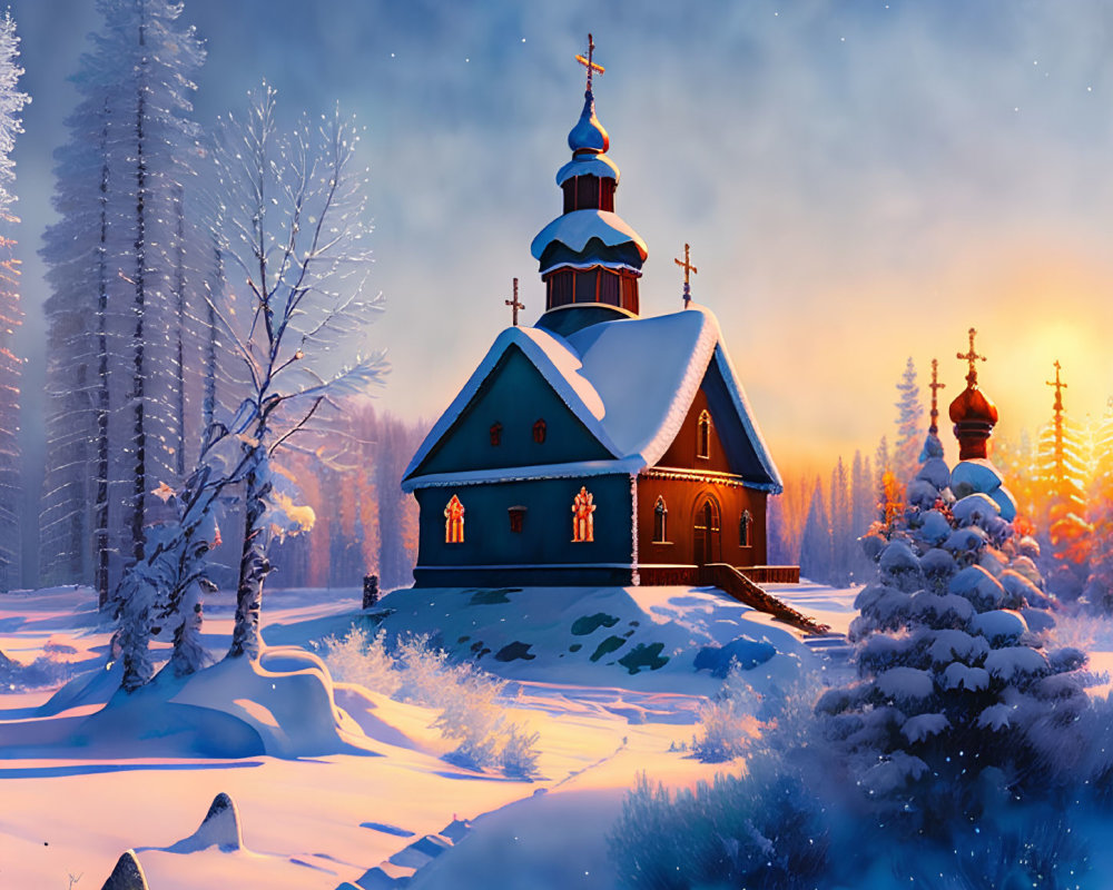 Snow-covered church in serene winter landscape.