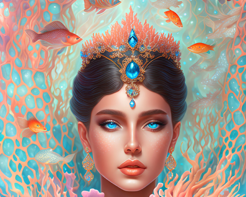 Digital artwork: Woman with blue eyes, ornate crown, surrounded by coral and orange fish in underwater