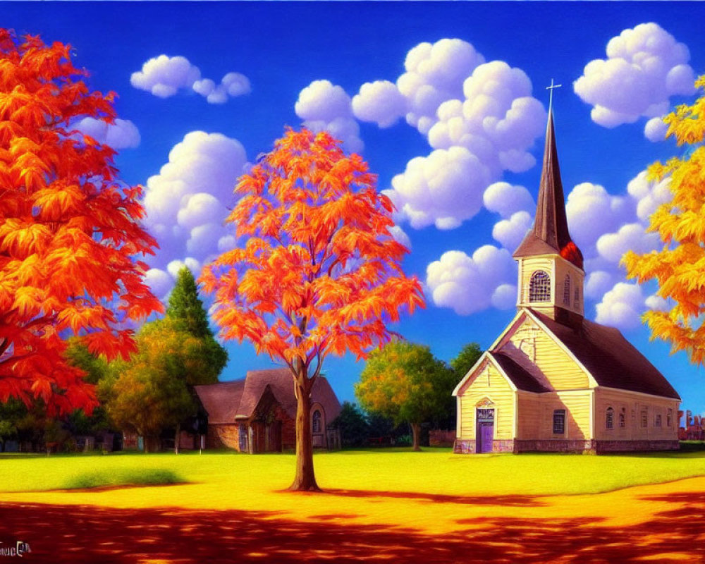 Colorful rural landscape with white church, fiery orange trees, and blue sky.