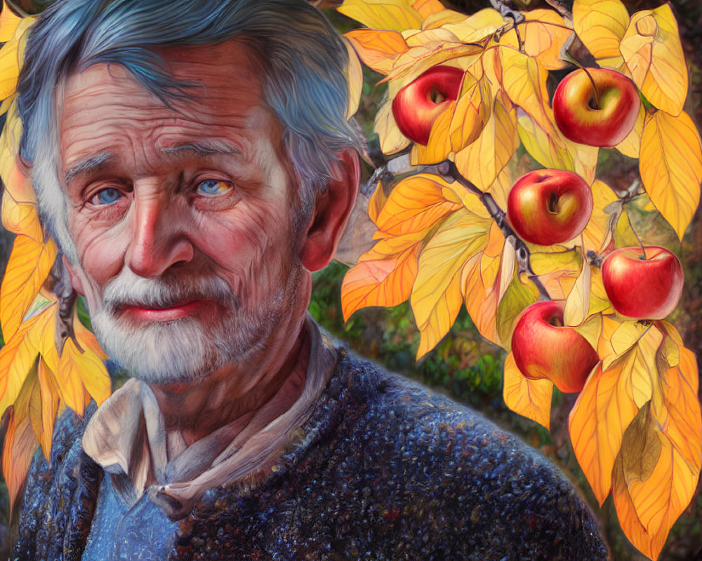 Elderly man with gray hair and beard near apple tree in sweater