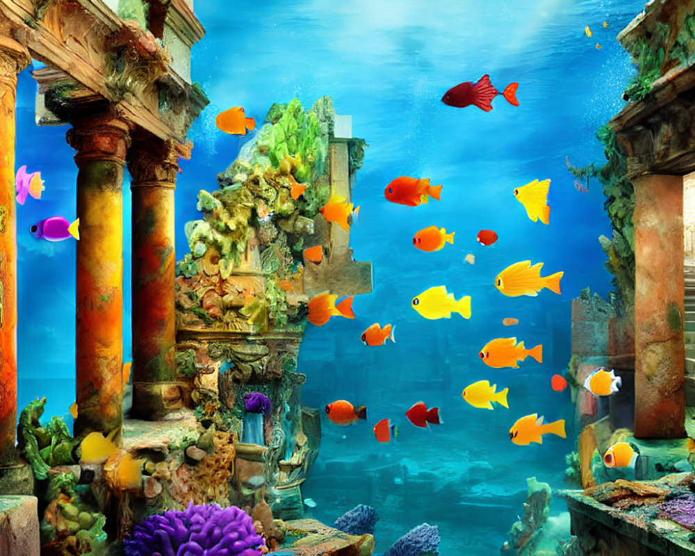 Colorful Fish in Ancient Underwater Ruins and Pillars