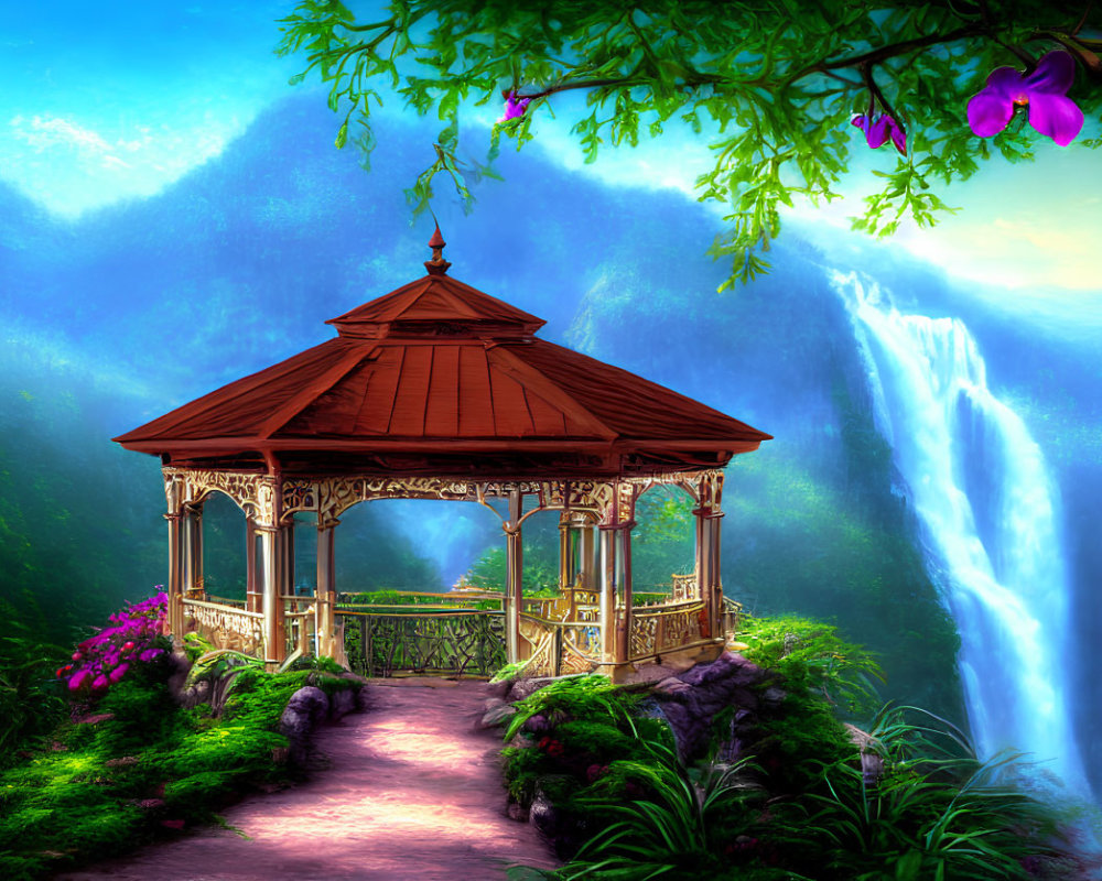 Digital Art: Ornate Gazebo by Waterfall in Lush Mountain Setting