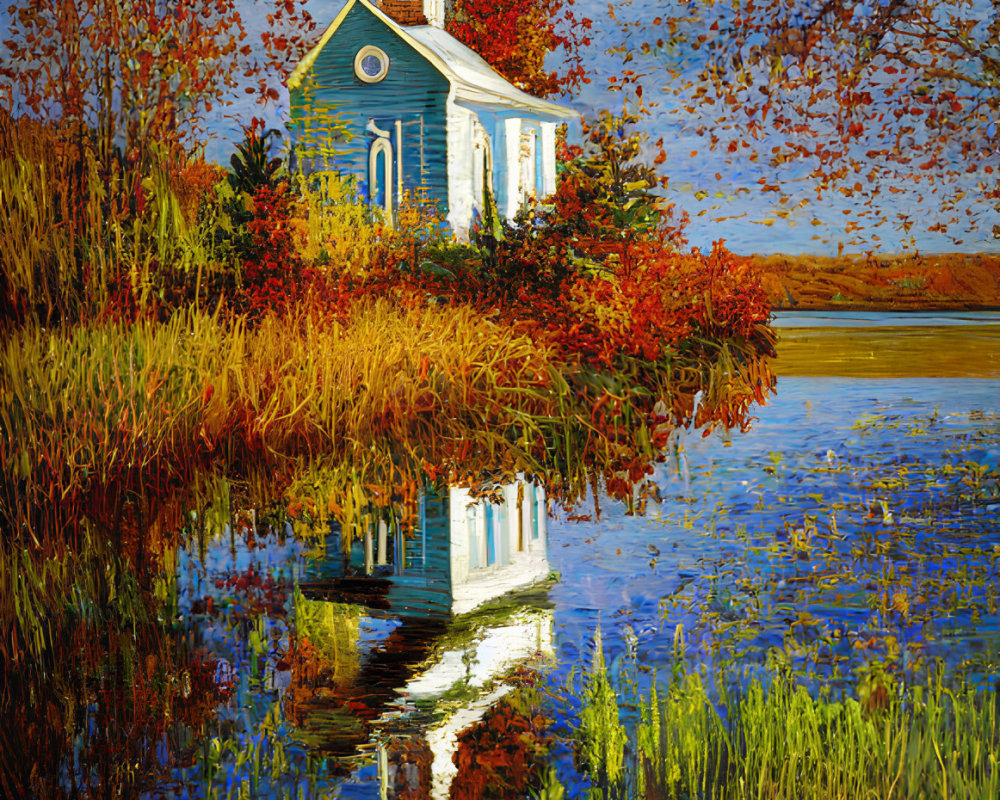 Blue church with golden spire surrounded by autumn trees and calm water.