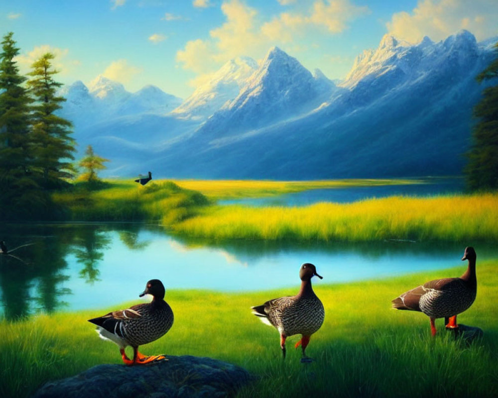 Tranquil lake scene with ducks, mountains, and greenery