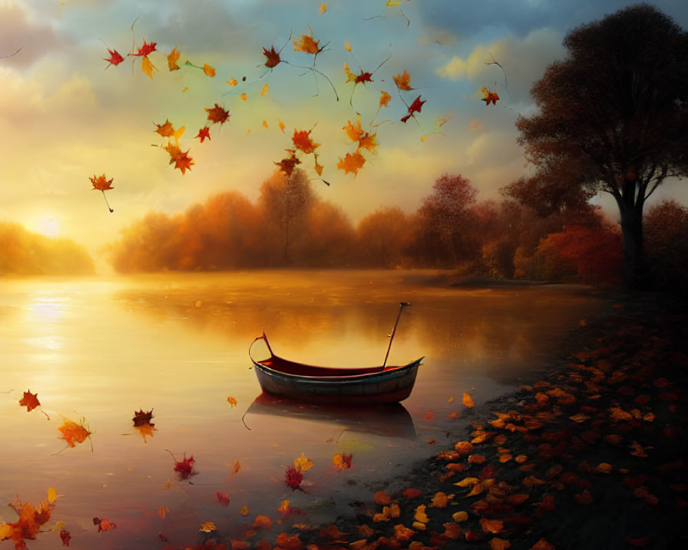 Tranquil Autumn Lake with Boat and Golden Leaves