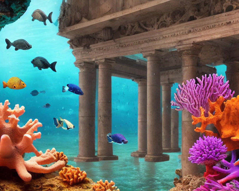 Colorful fish swim around ancient submerged columns in vibrant coral scene