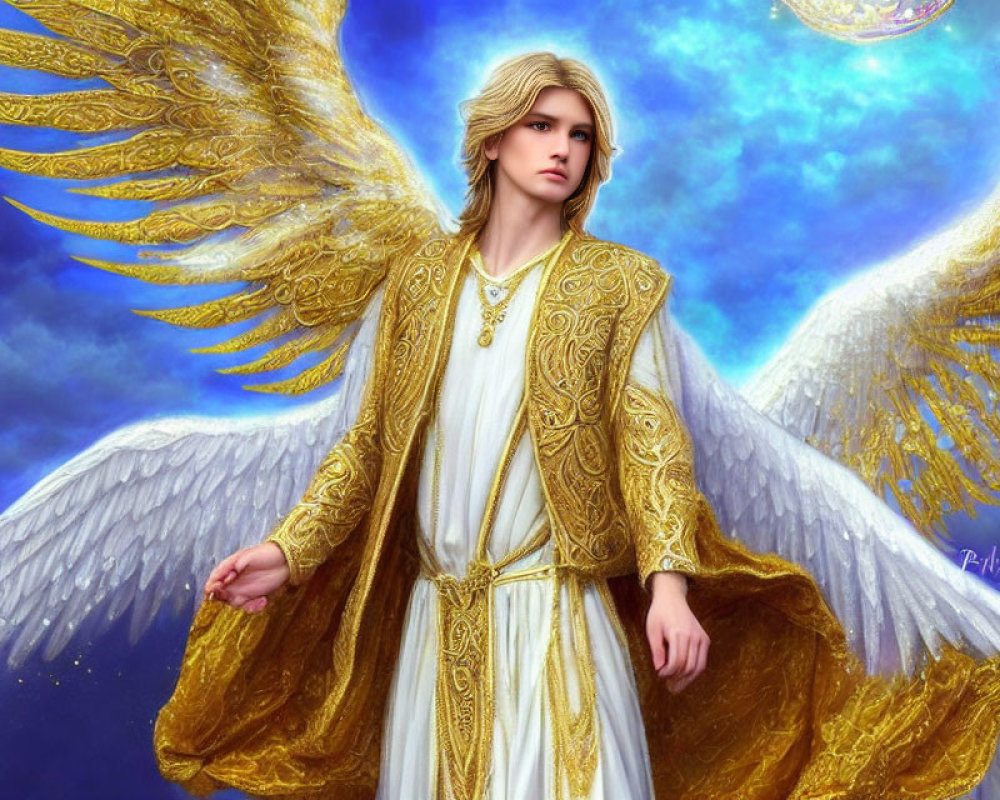 Digital art: Angelic figure with white wings in golden robes on blue sky.