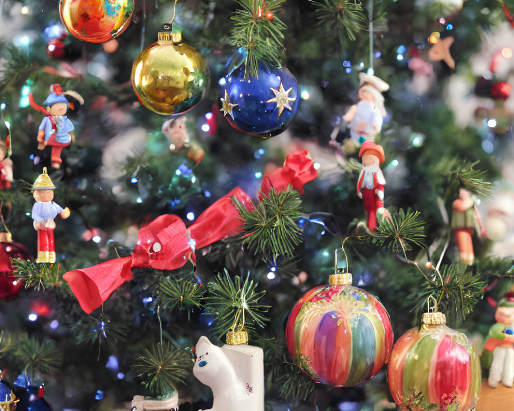 Colorful Christmas tree with baubles, ribbons, and lights