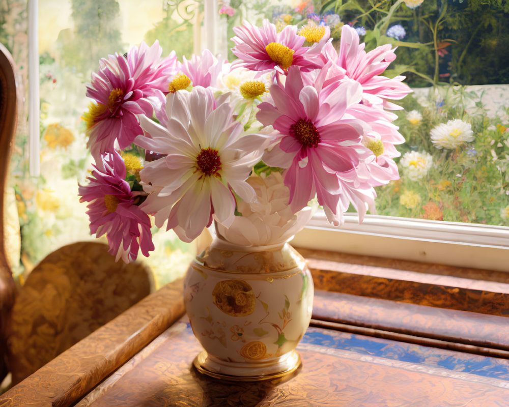 Pink and White Daisies Bouquet in Ornate Vase on Wooden Table