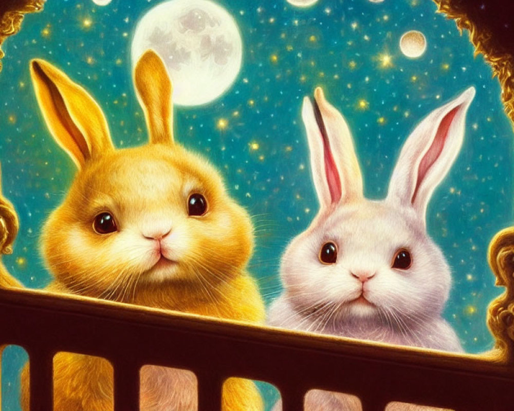 Stylized anthropomorphic rabbits under starry night sky