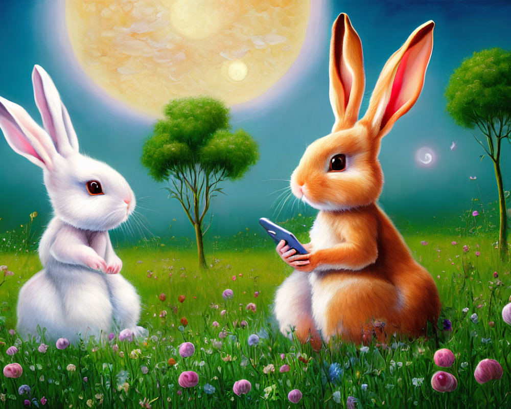 Anthropomorphic rabbits in grass field under full moon with smartphone