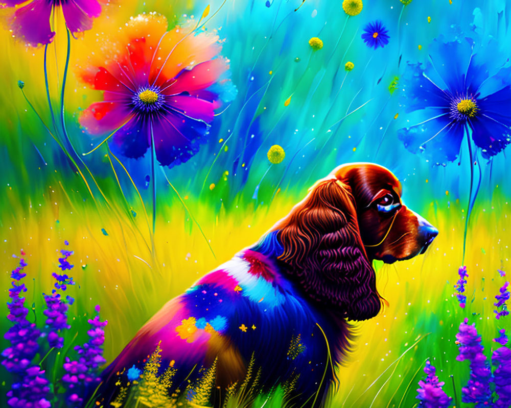 Vibrant Spaniel Dog Surrounded by Colorful Flowers