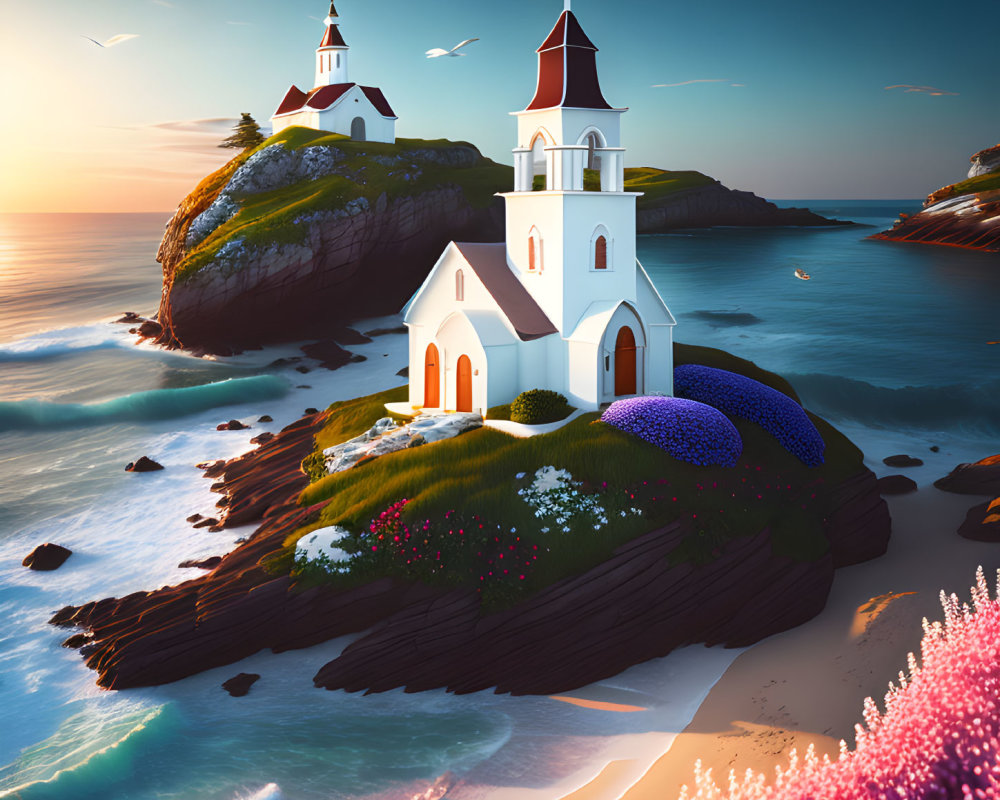 Serene coastal cliff with two white churches and blooming flowers