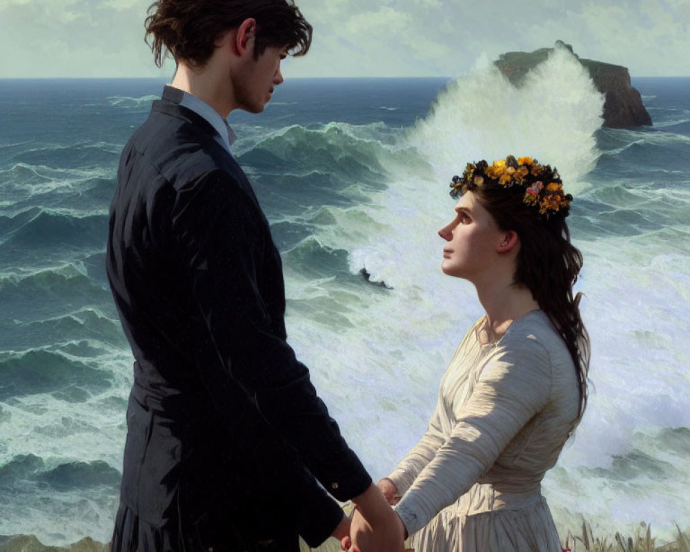 Vintage-clad couple holding hands on cliff above stormy sea