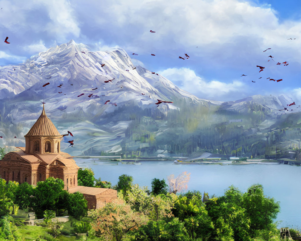 Historical stone church by lake with mountain and greenery