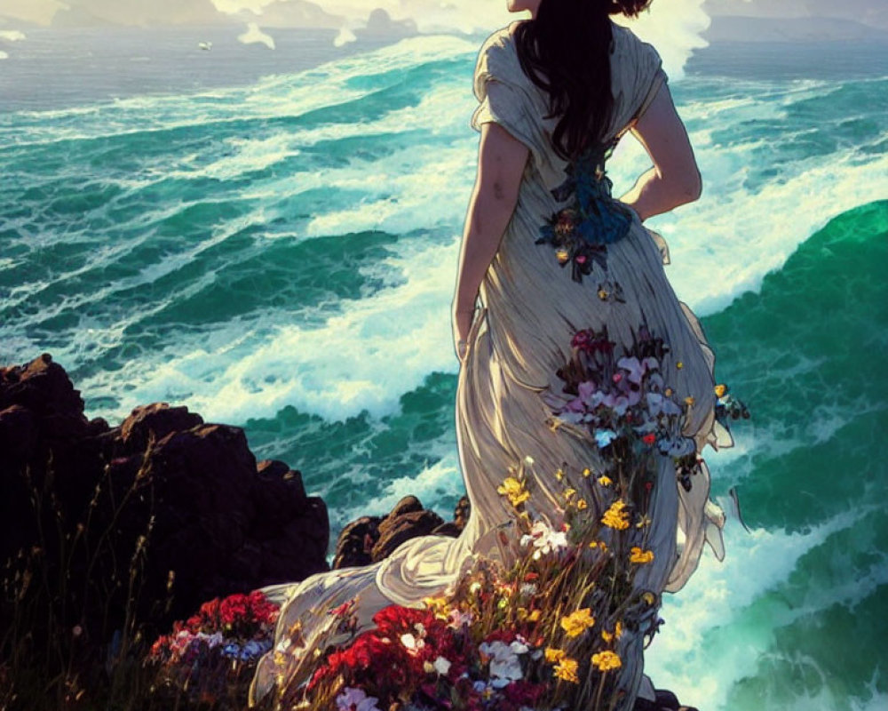 Woman in flowy dress admiring ocean waves on cliff