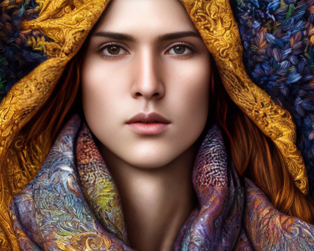 Striking gaze person in colorful shawl on vibrant backdrop