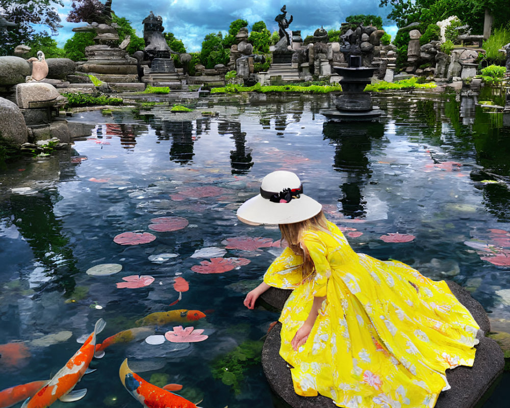 Woman in Yellow Dress by Koi Pond with Stone Statues