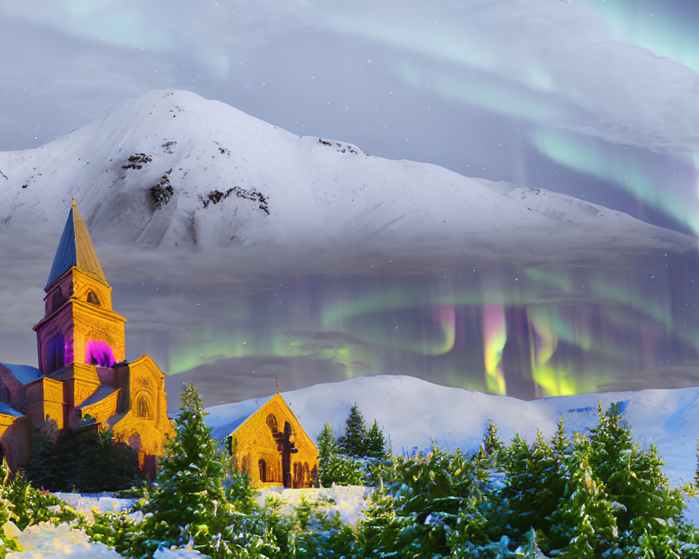 Snow-covered landscape with church, northern lights, and illuminated windows at dusk