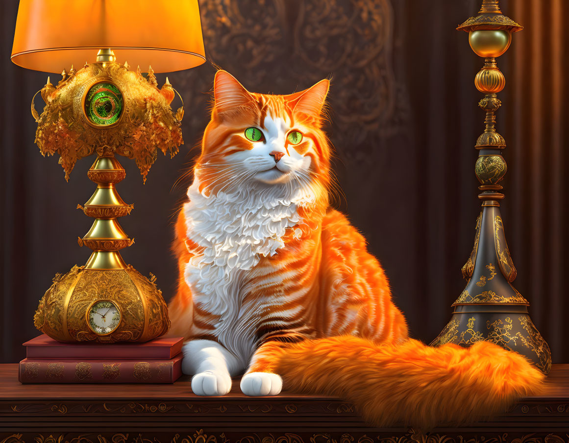 Orange Tabby Cat with Green Eyes Beside Vintage Lamp and Clock