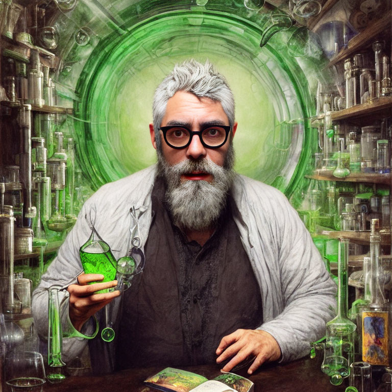 Elderly man with gray beard holding green flask in green-hued room