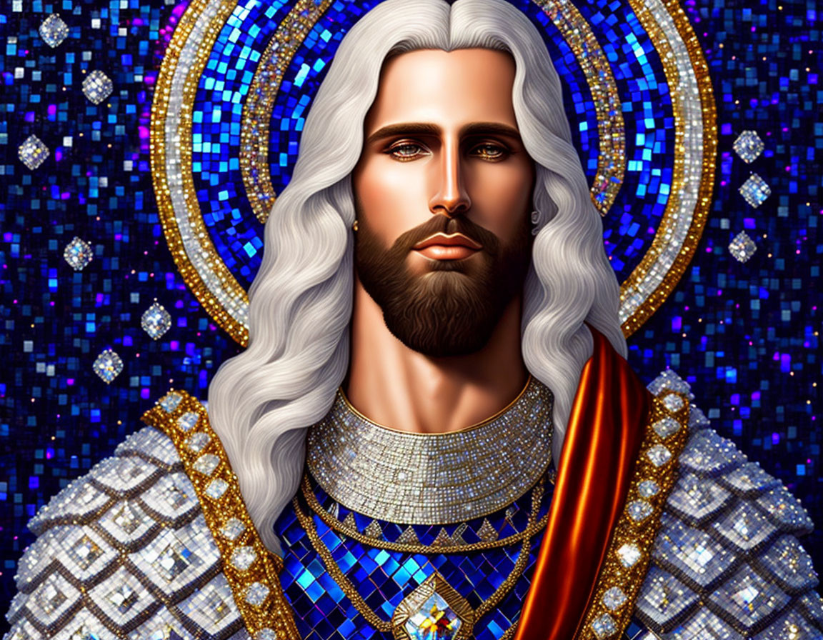 Regal man with long silver hair in jeweled armor against stained glass backdrop