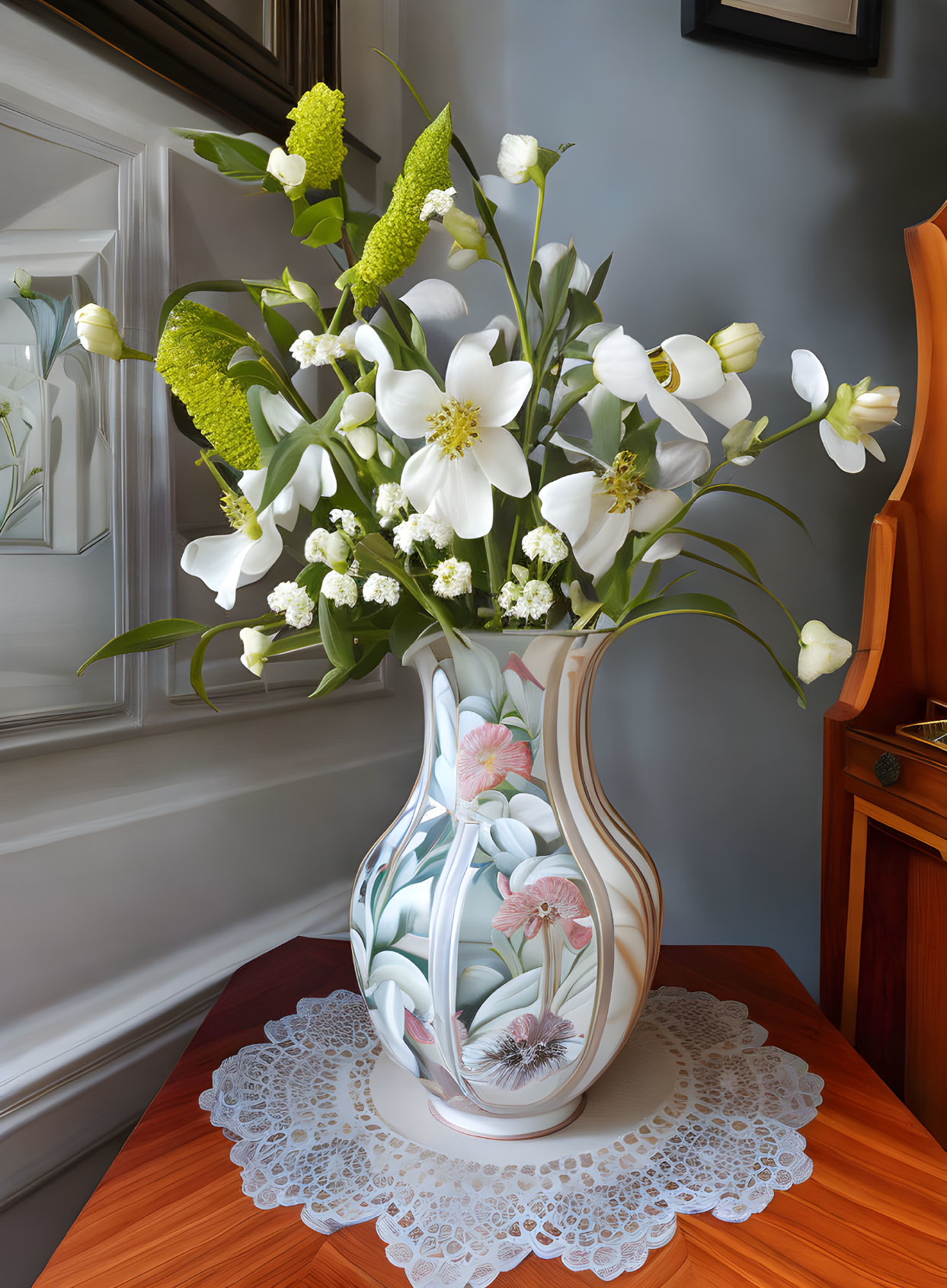 Floral vase on lace doily, wooden table, with window reflections