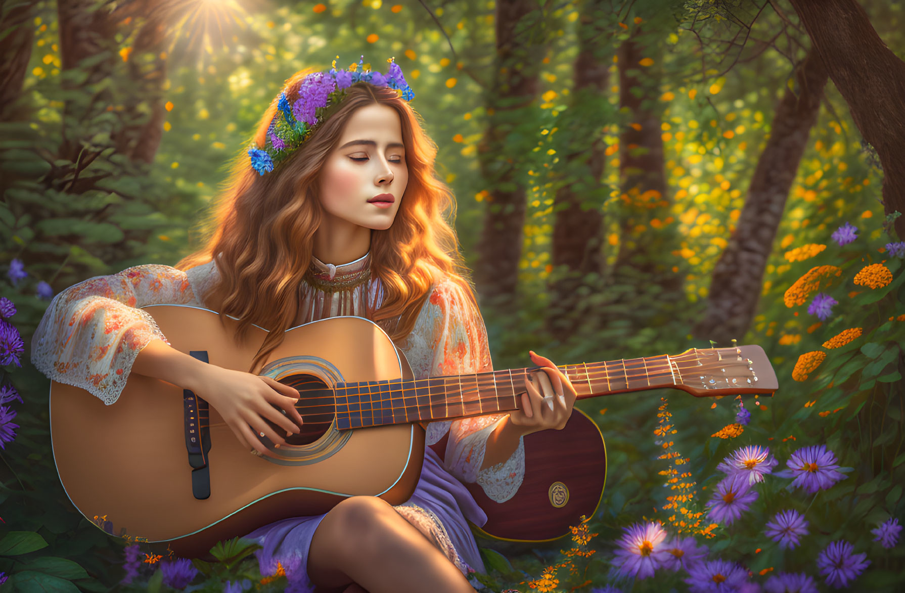 Woman with floral crown playing guitar in vibrant forest glade