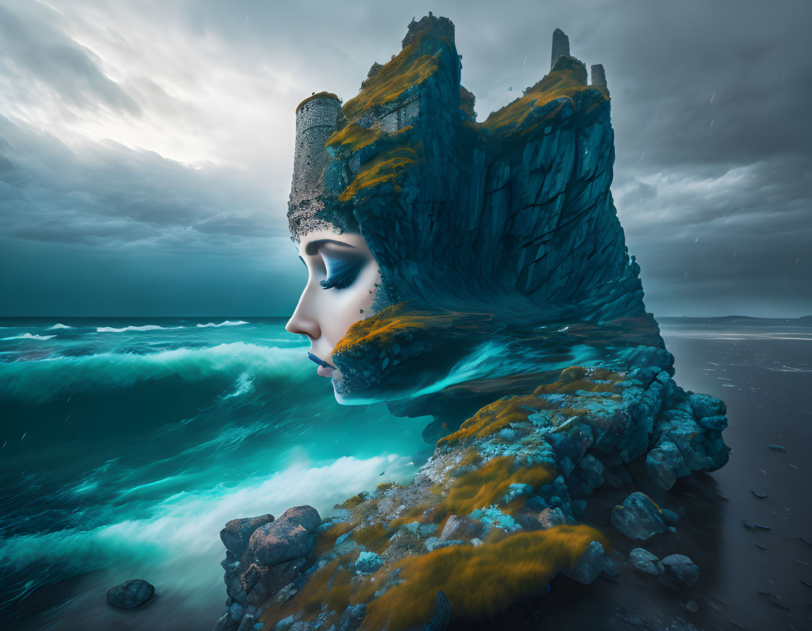 Woman's face merges with rocky cliffs in surreal landscape