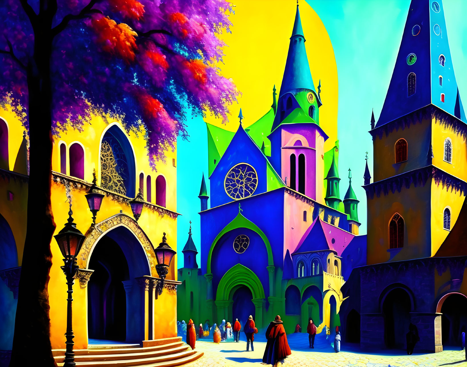 Colorful Medieval Town Square with People, Trees, and Whimsical Buildings