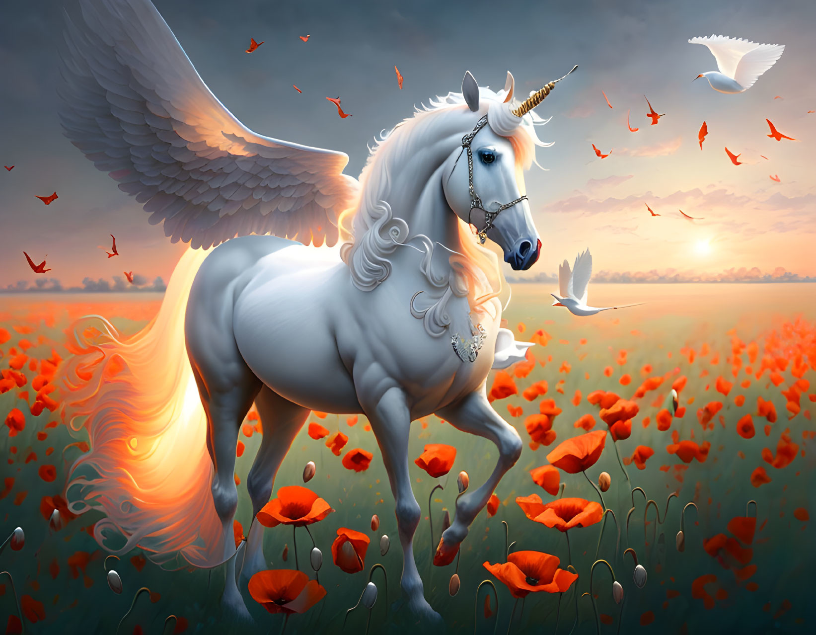 White Unicorn with Golden Horn Galloping in Poppy Field at Sunset