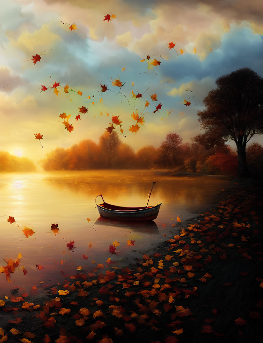 Tranquil Autumn Lake with Boat and Golden Leaves