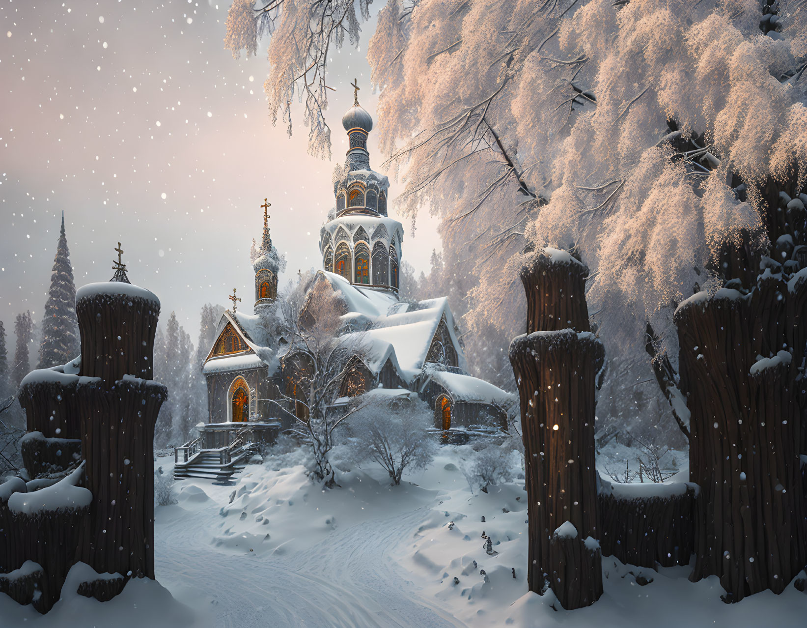 Snow-covered Orthodox church in serene winter scene under twilight sky