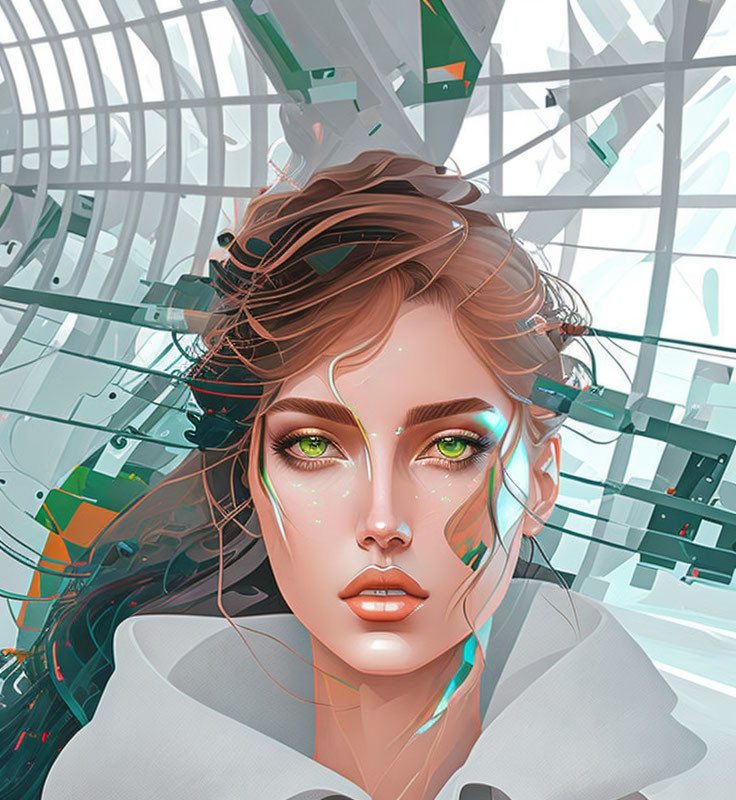 Digital artwork: Woman with green eyes and digital fragments on face against geometric background