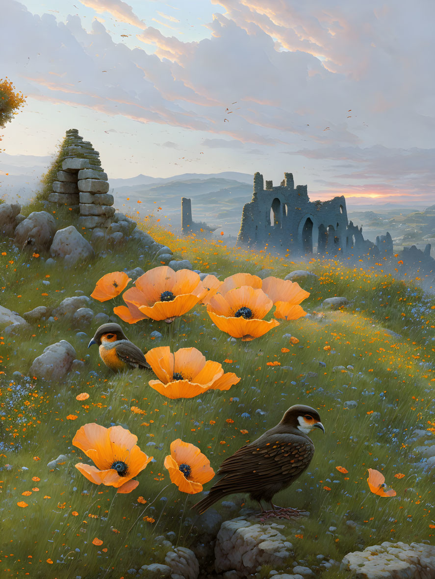 Tranquil landscape with orange poppies, birds, stone ruins, hazy sky