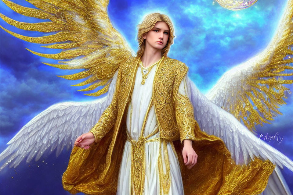 Digital art: Angelic figure with white wings in golden robes on blue sky.